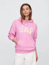 Buzo canguro con capucha marca Gap, color rosa, con logo estampado con diseño de palmeras.