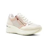 Zapatillas deportivas color beige con detalles en rosa y glitter. Cierre con cordones y cremallera decorativa.