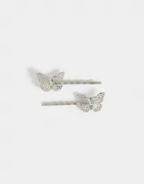 Set de dos horquillas plateadas para el pelo con forma de mariposa y strass.