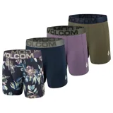Pack de cuatro boxers Volcom con cintura elástica con logo de la marca. Incluye un boxer con estampado floral, uno azul marino liso, uno lila liso y uno verde oliva liso.