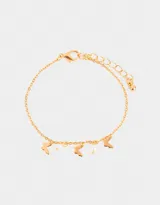 Pulsera dorada flexible con charms colgantes de mariposas y perlas. Cierre con mosquetón y cadena de alargue.