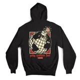 Canguro negro de algodón con capucha y bolsillo delantero. Estampado frontal con el logo de la marca en color rojo, amarillo y blanco.