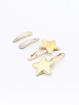 Set de cuatro hebillas para el pelo, dos con forma de estrella dorada y dos con glitter plateado.