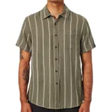 Camisa de manga corta color verde oliva con rayas verticales blancas, cuello clásico y bolsillo en el pecho.