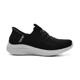 Championes deportivos Skechers Slip-ins Ultra Flex 3.0, color negro con suela blanca. Diseñados con tecnología Hands Free Slip-Ins y Heel Pillow para un ajuste cómodo y seguro. Capellada de tejido knit Stretch Fit con cordones decorativos y plantilla Skechers Air-Cooled Memory Foam.