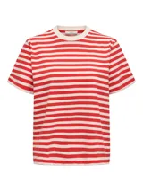 Camiseta de manga corta con cuello redondo y diseño a rayas horizontales rojas y blancas.