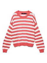 Sweater tejido a rayas horizontales color coral y blanco, de corte holgado, cuello redondo y mangas largas.