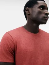 Camiseta básica de manga corta, cuello redondo y calce regular, color rojo jaspeado.