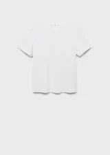Camiseta blanca de algodón, de corte recto, manga corta y cuello redondo.