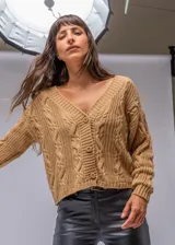 Saco tejido color marrón claro con diseño trenzado, escote en V y cierre frontal con botones marrones.