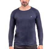 Remera deportiva de manga larga negra, con cuello redondo y logo blanco en el pecho.