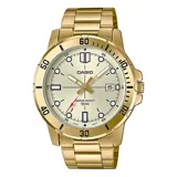 Reloj Casio analógico para hombre, con caja y correa de acero inoxidable color dorado. Esfera color champagne con agujas e indicadores dorados. Cristal mineral resistente a rayaduras.