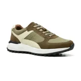 Zapato casual Hi-Tec Dylan de cuero color marrón, con detalles en verde oliva y beige. Tiene suela blanca con detalles en negro y cordones marrones.