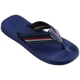 Ojotas Havaianas New Urban Way negras con tiras de tela rayadas en azul y blanco.