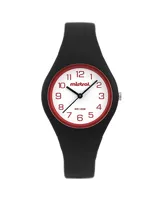 Reloj Mistral con correa de silicona negra, esfera blanca con números rojos y caja negra.