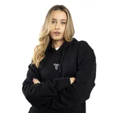 Canguro negro con capucha, cordones ajustables y puños elásticos. Estampado frontal con el logo de la marca en blanco.
