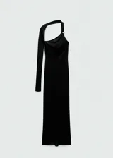 Vestido midi negro de punto fino con diseño asimétrico, escote asimétrico, detalle metálico y una manga larga.