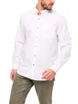 Camisa manga larga de hombre Rkf Galiton color salmón, confeccionada en algodón orgánico. Tiene cuello italiano, calce regular, cierre con botones de madera, bolsillo en el pecho con logo bordado y mangas ajustables con botones.