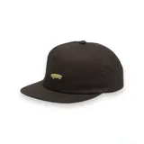 Gorra Vans de cinco paneles color marrón oscuro con logo de skate bordado en verde claro.