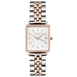 Reloj Rosefield modelo The Boxy XS, con caja cuadrada de latón color oro rosa y esfera blanca con indicador de fecha. La correa es de malla de acero inoxidable combinada en plateado y oro rosa.