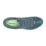 Championes de trail running Merrell Agility Peak 5, color azul con detalles en verde agua y verde lima. Cuentan con capellada de malla y TPU transpirable, cordones y refuerzos reciclados, puntera protectora, entresuela de espuma FloatPro y suela de goma Vibram Megagrip.