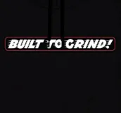 Canguro negro con capucha y cordones ajustables, puños y cintura acanalados, bolsillo tipo canguro y estampado frontal con la frase "Built to Grind!".