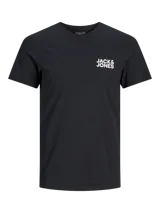 Camiseta negra de manga corta y cuello redondo, con logo Jack & Jones estampado en el pecho.