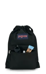 Mochila tipo bolso JanSport Draw Sack color bordó, con logo estampado en el frente y bolsillo frontal con cierre. Se cierra ajustando las cuerdas superiores. Ideal para uso casual.