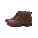 Bota de cuero marrón con detalles en nobuck, diseño versátil y comodidad para uso diario.