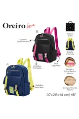 Mochila negra con detalles en rosa, con cierre superior y bolsillo frontal con solapa.