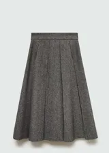 Falda midi gris de tejido de lana con diseño de tablas y corte evasé.