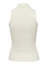 Top blanco de tejido de punto acanalado, con cuello alto y sin mangas.