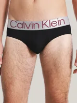 Pack de tres slips negros Calvin Klein de microfibra con cinturilla elástica plateada con el logo de la marca.