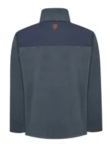 Campera polar RKF modelo Dover, de poliéster reciclado, color azul con canesú de tela canvas de algodón. Tiene cuello alto, cierre completo, dos bolsillos frontales con cierre y forro de jersey.