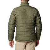 Campera puffer Columbia Powder Lite II, color verde oliva en la parte superior y verde claro en la parte inferior. Con cierre frontal, cuello alto, bolsillos laterales con cierre y logo de la marca bordado en el pecho.