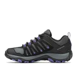 Championes de trekking Merrell Crosslander 3 para mujer, color negro con detalles en gris y violeta. Capellada de cuero y textil con puntera reforzada, forro de malla transpirable, plantilla Kinetic Fit BASE removible, entresuela de EVA y suela de goma con tecnología Merrell Air Cushion.