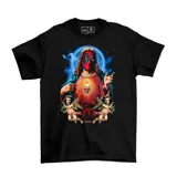 Remera de algodón negro con estampado gráfico de Deadpool y Wolverine, inspirada en cómics.