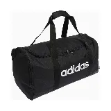 Bolso deportivo Adidas Linear Duff M, color negro con logo blanco estampado en el frente. Cuenta con doble asa de mano y correa ajustable para el hombro.