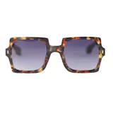 Lentes de sol negros con marco cuadrado y lentes degradadas de negro a violeta.