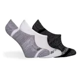 Pack de tres pares de calcetines tobilleros, uno gris con rayas blancas, uno blanco liso y uno negro jaspeado.