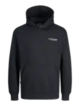 Canguro negro de Jack & Jones con capucha, bolsillo tipo canguro y logo pequeño estampado en el pecho. Corte relajado y tejido suave.