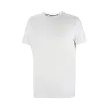Remera blanca de poliéster con cuello redondo y mangas cortas.