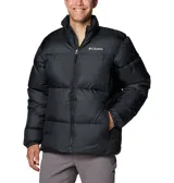 Campera puffer negra con cierre frontal y cuello alto. Logo de Columbia bordado en blanco en el pecho.