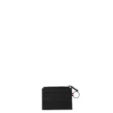 Billetera tarjetero de cuero negro con cierre superior y llavero tricolor (rojo, blanco y azul).