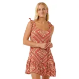 Vestido de tirantes con estampado floral en tonos terracota, con volantes en la parte inferior.
