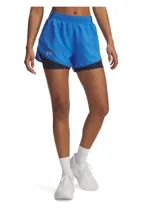 Shorts deportivos Under Armour Fly By 2 in 1 para mujer, color azul con calza interior negra. Cintura elástica y bolsillo lateral con cremallera.