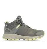 Bota de senderismo Columbia para mujer, modelo Peakfreak Hera Mid, color gris con detalles en amarillo pálido. Presenta un diseño de media caña con empeine transpirable e impermeable OutDry, mediasuela TECHLITE+ y suela ADAPT TRAX con tacos de 5 mm para tracción.