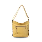 Cartera de simil cuero color rosa, con apertura superior con cierre, bolsillo frontal con cierre y tachas metálicas, bolsillos verticales y bolsillo trasero con cierre. Incluye división al medio y bolsillos internos.