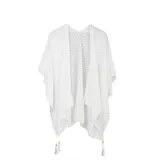 Kimono blanco de gasa calada con diseño geométrico, calce amplio y fluido, escote abierto y terminación en cordones con borlas decorativas.