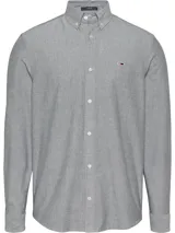 Camisa de vestir gris claro de algodón Oxford, corte regular, cuello abotonado, manga larga con puños abotonados y logo de Tommy Jeans bordado en el pecho.